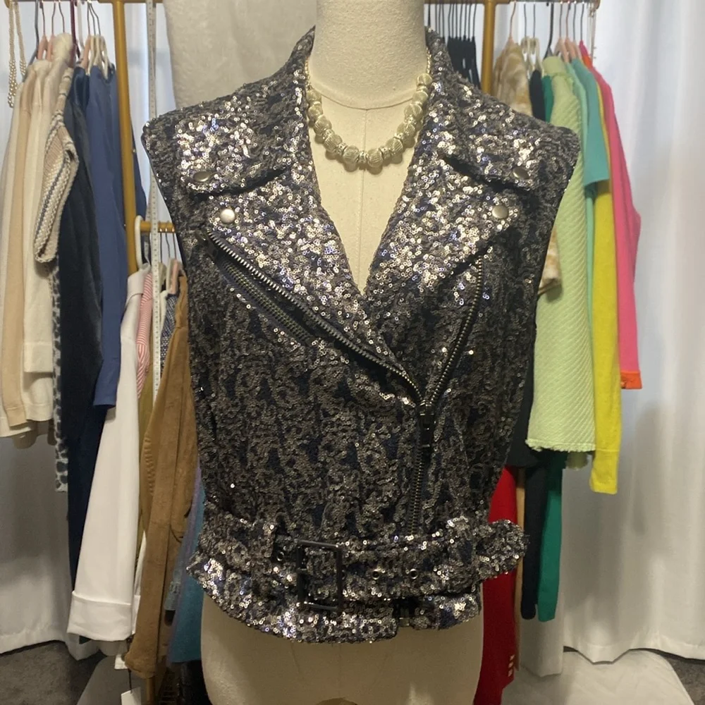 Catherine Malandrino Sequin Moto Vest Galaxy Black Silver Size 4